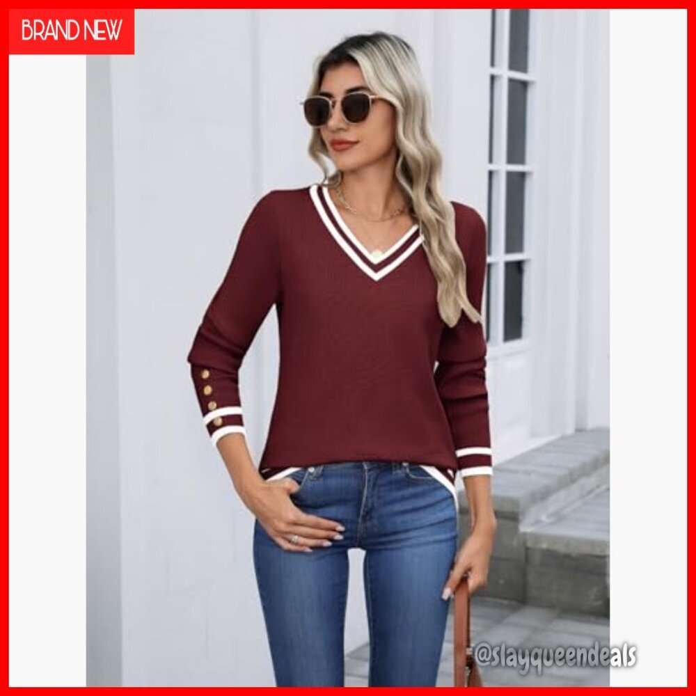 Lightweight Ribbed Knit Pullover Sweater V-Neck Long Sleeve Button Cuff - Picture 3 of 7